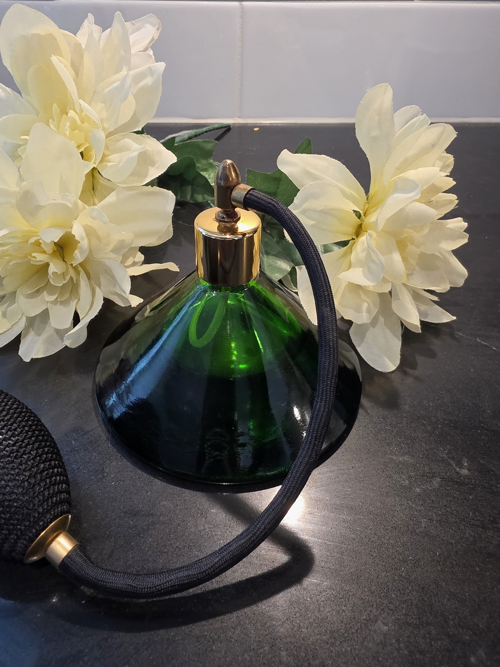 Vintage HandBlown Emerald Green Glass Perfume Atomizer Black Tassel Vanity Decor